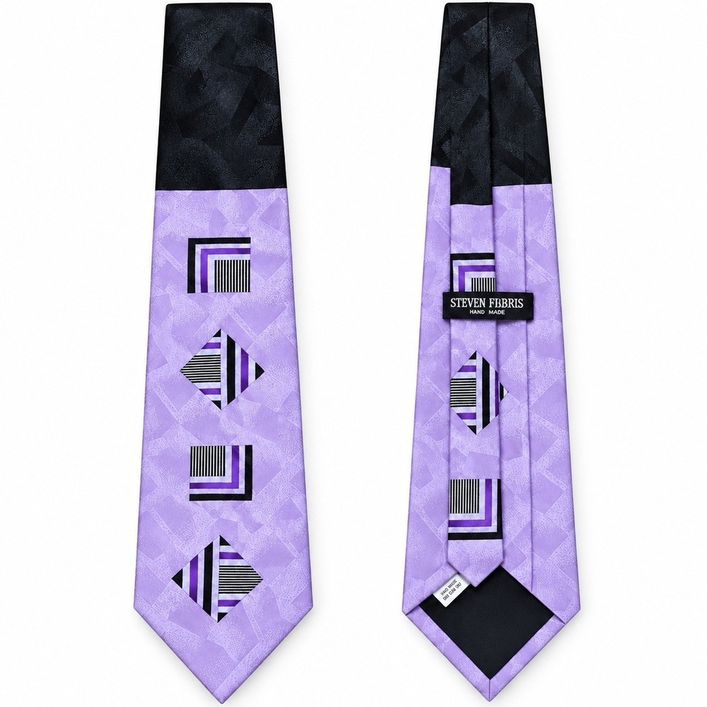 Steven Harris Mens Tie Lavender Purple Black Geometric 100% Polyester Korea Wide